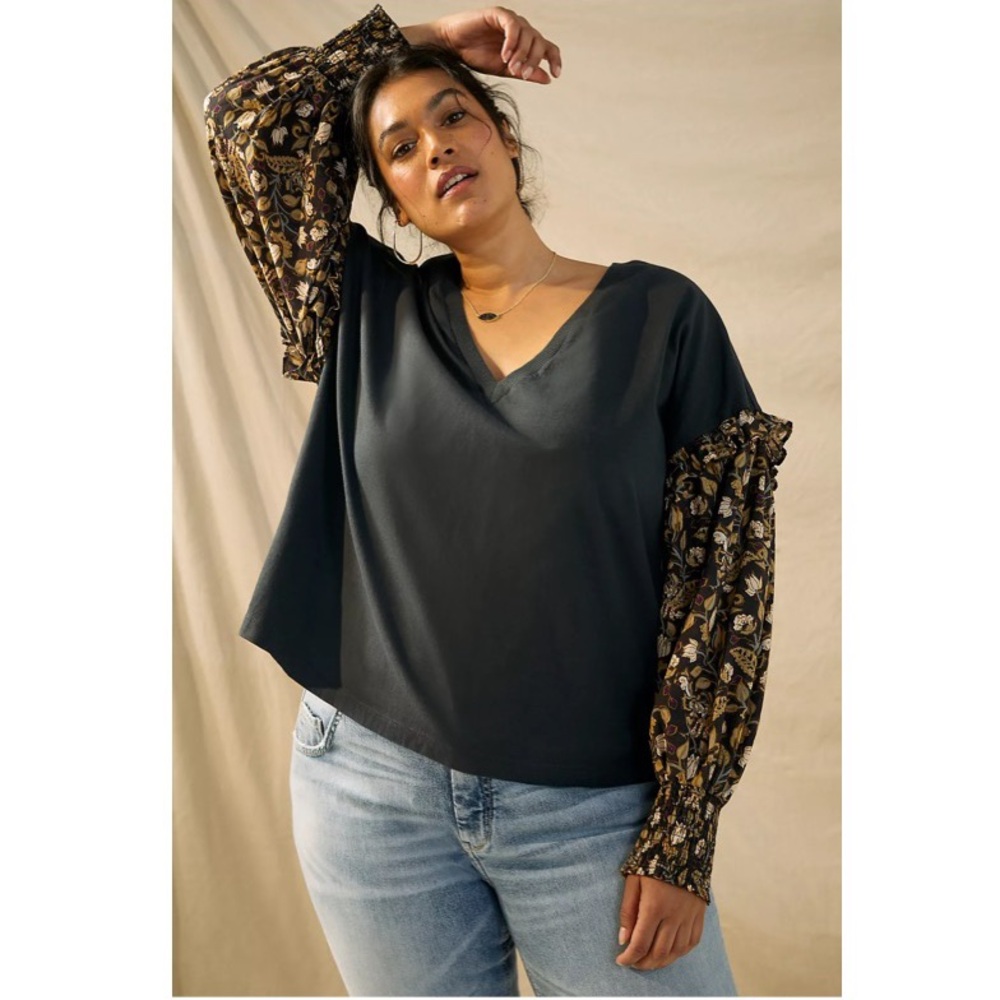 Anthropologie Plus Let Me Be Sydney Long Puff-Sleeved Black Floral Blouse Top 1X - Picture 7 of 16